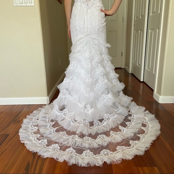 GALINA SIGNATURE Floral Ruffle Lace Beads Fit and Flare Wedding Maxi Dress Sz 0 - Picture 10 of 16